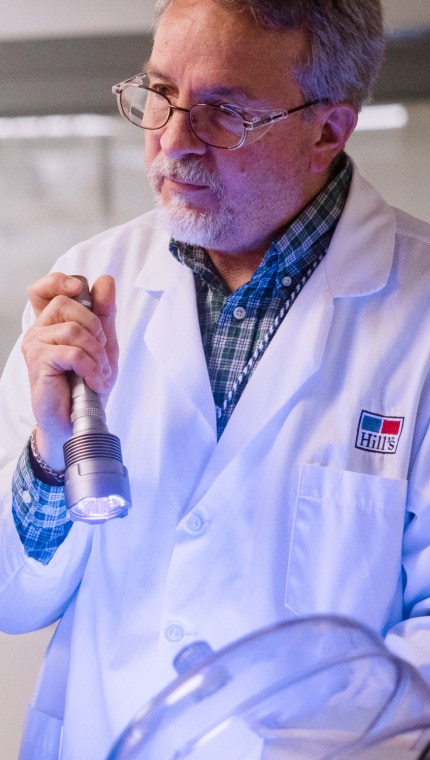 힐스 펫 뉴트리션 센터 연구원이 어린이 그룹에게 반려동물 사료 연구실을 소개하고 있다