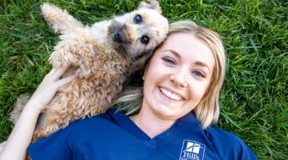 개가 공을 가지고 놀고 있다